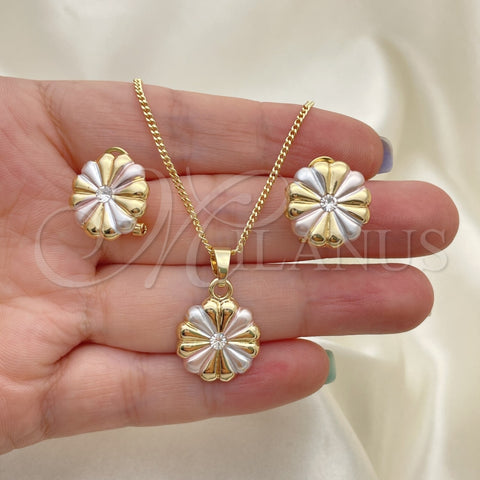 Juego de Arete y Dije de Adulto 10.361.0005 Oro Laminado, Diseño de Flor, con Blanca Cristal, Pulido, Tres Tonos