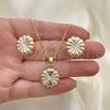 Juego de Arete y Dije de Adulto 10.361.0005 Oro Laminado, Diseño de Flor, con Blanca Cristal, Pulido, Tres Tonos