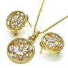 Juego de Arete y Dije de Adulto 10.361.0010 Oro Laminado, Diseño de Flor, con Blanca Cristal, Pulido, Tres Tonos