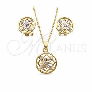 Juego de Arete y Dije de Adulto 10.361.0010 Oro Laminado, Diseño de Flor, con Blanca Cristal, Pulido, Tres Tonos