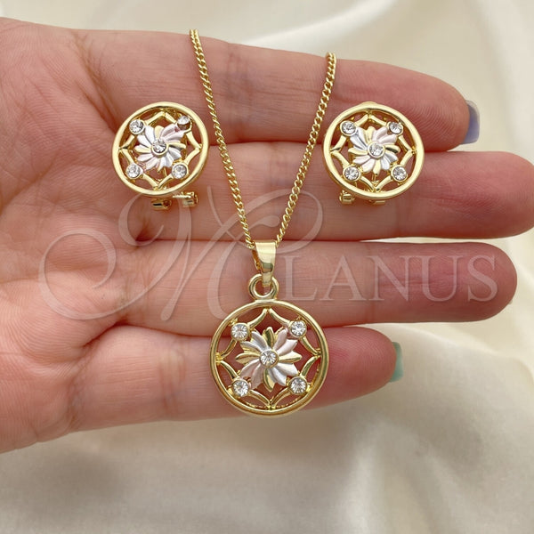 Juego de Arete y Dije de Adulto 10.361.0010 Oro Laminado, Diseño de Flor, con Blanca Cristal, Pulido, Tres Tonos
