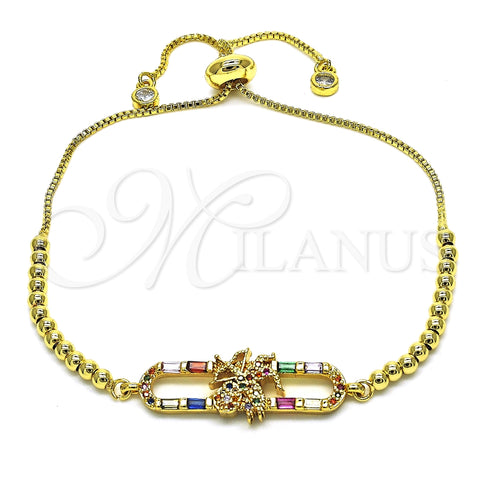 Pulsera Bolo Ajustable 03.362.0010.11 Oro Laminado, Diseño de Angel y Baguette, con Multicolor Zirconia Cubica and Multicolor Micro Pave, Pulido, Tono Dorado (01 MM Thickness, 11 Inches Length)