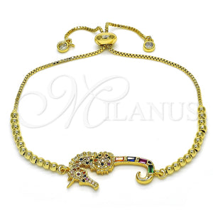 Pulsera Bolo Ajustable 03.362.0011.11 Oro Laminado, Diseño de Baguette, con Multicolor Zirconia Cubica and Multicolor Micro Pave, Pulido, Tono Dorado (01 MM Thickness, 11 Inches Length)