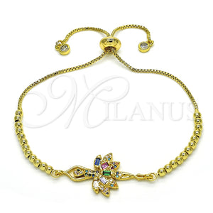 Pulsera Bolo Ajustable 03.362.0012.11 Oro Laminado, Diseño de Baguette, con Multicolor Zirconia Cubica and Multicolor Micro Pave, Pulido, Tono Dorado (01 MM Thickness, 11 Inches Length)