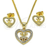 Juego de Arete y Dije de Adulto 10.156.0218 Oro Laminado, Diseño de Corazón y Niñita Pequeña, con Blanca Micro Pave, Pulido, Tono Dorado