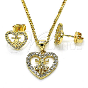 Juego de Arete y Dije de Adulto 10.156.0218 Oro Laminado, Diseño de Corazón y Niñita Pequeña, con Blanca Micro Pave, Pulido, Tono Dorado
