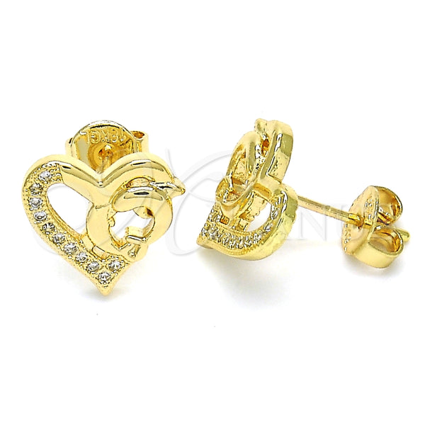 Arete Dormilona 02.156.0324 Oro Laminado, Diseño de Corazón y Delfín, con Blanca Micro Pave, Pulido, Tono Dorado