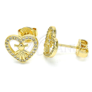 Arete Dormilona 02.156.0331 Oro Laminado, Diseño de Corazón y Niñita Pequeña, con Blanca Micro Pave, Pulido, Tono Dorado