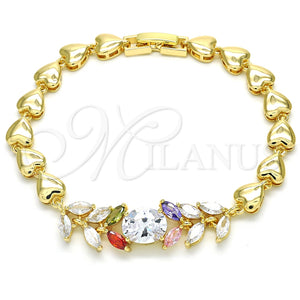 Pulsera Elegante 03.210.0114.1.07 Oro Laminado, Diseño de Oja y Corazón, con Multicolor Zirconia Cubica, Pulido, Tono Dorado (07 MM Thickness, 7 Inches Length)