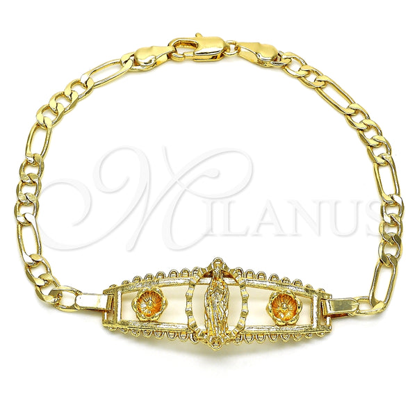 Pulsera Elegante 03.351.0037.08 Oro Laminado, Diseño de Guadalupe y Flor, Pulido, Tono Dorado (05 MM Thickness, 8 Inches Length)