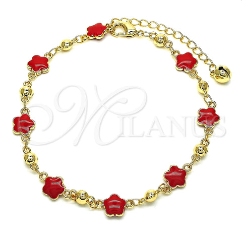Tobillera Elegante 03.213.0015.6.10 Oro Laminado, Diseño de Flor, Esmaltado Rojo, Tono Dorado (08 MM Thickness, 10 Inches Length)