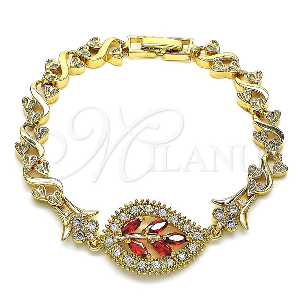 Pulsera Elegante 03.210.0121.07 Oro Laminado, Diseño de Oja y Corazón, con Granate and Blanca Zirconia Cubica, Pulido, Tono Dorado (07 MM Thickness, 7 Inches Length)