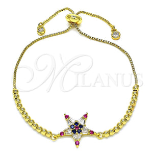Pulsera Bolo Ajustable 03.341.0001.10 Oro Laminado, Diseño de Estrella, con Multicolor Zirconia Cubica, Pulido, Tono Dorado (01 MM Thickness, 10 Inches Length)