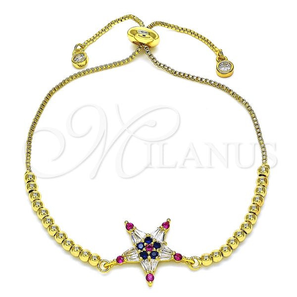 Pulsera Bolo Ajustable 03.341.0001.10 Oro Laminado, Diseño de Estrella, con Multicolor Zirconia Cubica, Pulido, Tono Dorado (01 MM Thickness, 10 Inches Length)