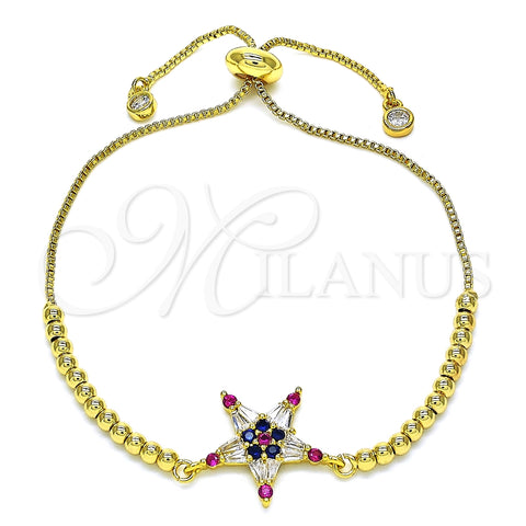 Pulsera Bolo Ajustable 03.341.0001.10 Oro Laminado, Diseño de Estrella, con Multicolor Zirconia Cubica, Pulido, Tono Dorado (01 MM Thickness, 10 Inches Length)