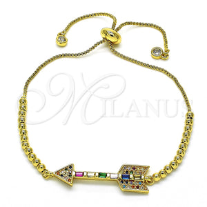 Pulsera Bolo Ajustable 03.341.0005.11 Oro Laminado, Diseño de Baguette, con Multicolor Zirconia Cubica and Blanca Micro Pave, Pulido, Tono Dorado (01 MM Thickness, 11 Inches Length)