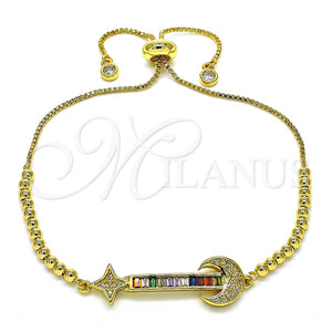 Pulsera Bolo Ajustable 03.341.0006.11 Oro Laminado, Diseño de Luna y Baguette, con Multicolor Zirconia Cubica, Pulido, Tono Dorado (01 MM Thickness, 11 Inches Length)