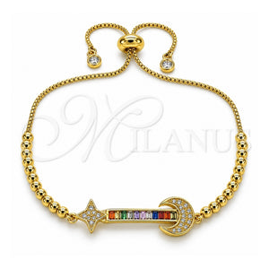 Pulsera Bolo Ajustable 03.341.0006.11 Oro Laminado, Diseño de Luna y Baguette, con Zirconia Cubica Multicolor, Pulido, Tono Dorado (Grosor 01 MM, 11 Pulgadas de Largo)