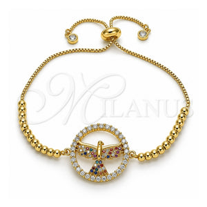 Pulsera Bolo Ajustable 03.341.0007.11 Oro Laminado, Diseño de Águila, con Zirconia Cubica Multicolor, Pulido, Tono Dorado (Grosor 01 MM, 11 Pulgadas de Largo)