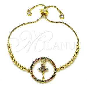 Pulsera Bolo Ajustable 03.341.0008.10 Oro Laminado, con Multicolor Micro Pave, Pulido, Tono Dorado (01 MM Thickness, 10 Inches Length)