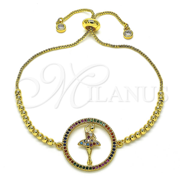 Pulsera Bolo Ajustable 03.341.0008.10 Oro Laminado, con Multicolor Micro Pave, Pulido, Tono Dorado (01 MM Thickness, 10 Inches Length)