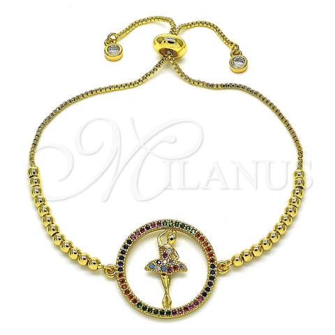 Pulsera Bolo Ajustable 03.341.0008.10 Oro Laminado, con Multicolor Micro Pave, Pulido, Tono Dorado (01 MM Thickness, 10 Inches Length)