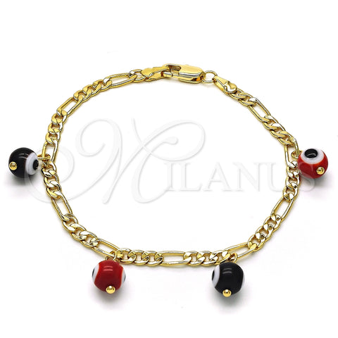Pulsera de Dije 03.63.2070.08 Oro Laminado, Diseño de Ojo Griego, Pulido Rojo, Tono Dorado (04 MM Thickness, 8 Inches Length)