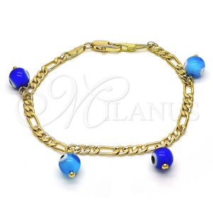 Pulsera de Dije 03.63.2070.1.08 Oro Laminado, Diseño de Ojo Griego, Pulido Azul, Tono Dorado (04 MM Thickness, 8 Inches Length)