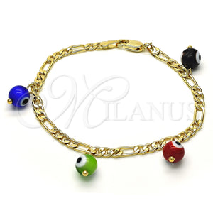 Pulsera de Dije 03.63.2070.2.08 Oro Laminado, Diseño de Ojo Griego, Pulido Multicolor, Tono Dorado (04 MM Thickness, 8 Inches Length)