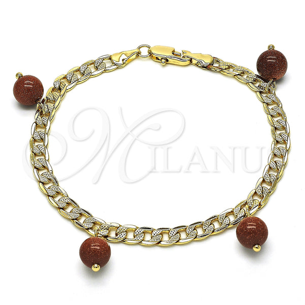 Pulsera de Dije 03.63.2073.08 Oro Laminado, Diseño de Cubana, con Onix Negro Goldstone Venturina, Pulido, Tono Dorado (04 MM Thickness, 8 Inches Length)