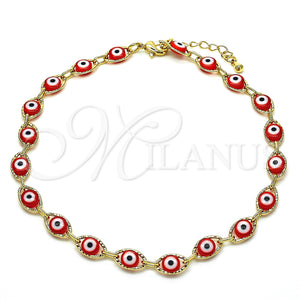 Tobillera Elegante 04.63.1347.1.10 Oro Laminado, Diseño de Ojo Griego, Resinado Rojo, Tono Dorado (06 MM Thickness, 10 Inches Length)