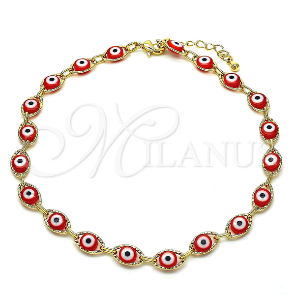 Tobillera Elegante 04.63.1347.1.10 Oro Laminado, Diseño de Ojo Griego, Resinado Rojo, Tono Dorado (06 MM Thickness, 10 Inches Length)