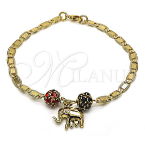 Pulsera de Dije 03.63.2076.1.08 Oro Laminado, Diseño de Elefante, con Granate and Negro Cristal, Pulido, Tono Dorado (04 MM Thickness, 8 Inches Length)