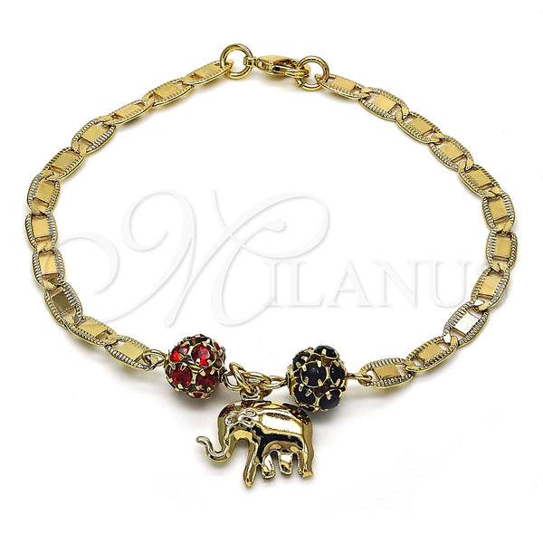 Pulsera de Dije 03.63.2076.1.08 Oro Laminado, Diseño de Elefante, con Granate and Negro Cristal, Pulido, Tono Dorado (04 MM Thickness, 8 Inches Length)