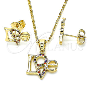 Juego de Arete y Dije de Adulto 10.316.0035 Oro Laminado, Diseño de Amor, con Multicolor Micro Pave, Pulido, Tono Dorado