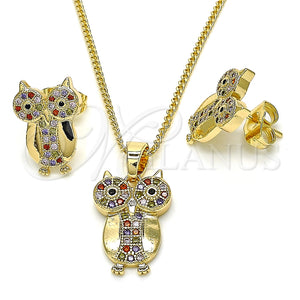 Juego de Arete y Dije de Adulto 10.316.0037 Oro Laminado, Diseño de Búho, con Multicolor Micro Pave, Pulido, Tono Dorado