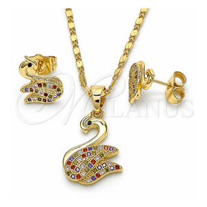Juego de Arete y Dije de Adulto 10.316.0039 Oro Laminado, Diseño de Cisne, con Multicolor Micro Pave, Pulido, Tono Dorado