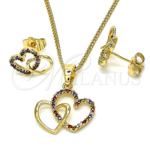 Juego de Arete y Dije de Adulto 10.316.0042 Oro Laminado, Diseño de Corazón, con Multicolor Zirconia Cubica, Pulido, Tono Dorado