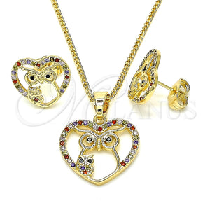 Juego de Arete y Dije de Adulto 10.316.0043 Oro Laminado, Diseño de Corazón y Búho, con Multicolor Micro Pave, Pulido, Tono Dorado