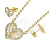 Juego de Arete y Dije de Adulto 10.316.0046 Oro Laminado, Diseño de Corazón y Llave, con Blanca Zirconia Cubica and Blanca Micro Pave, Pulido, Tono Dorado