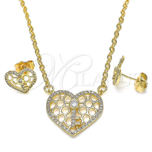 Juego de Arete y Dije de Adulto 10.316.0046 Oro Laminado, Diseño de Corazón y Llave, con Blanca Zirconia Cubica and Blanca Micro Pave, Pulido, Tono Dorado