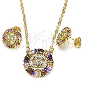 Juego de Arete y Dije de Adulto 10.316.0048 Oro Laminado, Diseño de Niñito Pequeño y Baguette, con Multicolor Zirconia Cubica and Blanca Micro Pave, Pulido, Tono Dorado