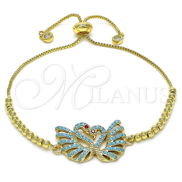 Pulsera Bolo Ajustable 03.316.0049.10 Oro Laminado, Diseño de Cisne, con Turquoise Micro Pave and Granate Zirconia Cubica, Pulido, Tono Dorado (01 MM Thickness, 10 Inches Length)