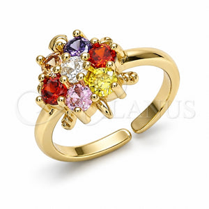 Anillo Multi Piedra 01.210.0087.1 Oro Laminado, Diseño de Flor y Tortuga, con Zirconia Cubica Multicolor, Pulido, Tono Dorado (Talla Unica)
