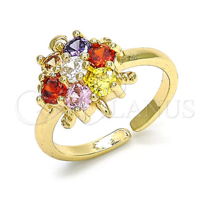 Anillo Multi Piedra 01.210.0087.1 Oro Laminado, Diseño de Flor y Tortuga, con Multicolor Zirconia Cubica, Pulido, Tono Dorado (One size fits all)