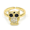Anillo Multi Piedra 01.210.0089 Oro Laminado, Diseño de Búho, con Blanca and Negro Zirconia Cubica, Pulido, Tono Dorado (One size fits all)