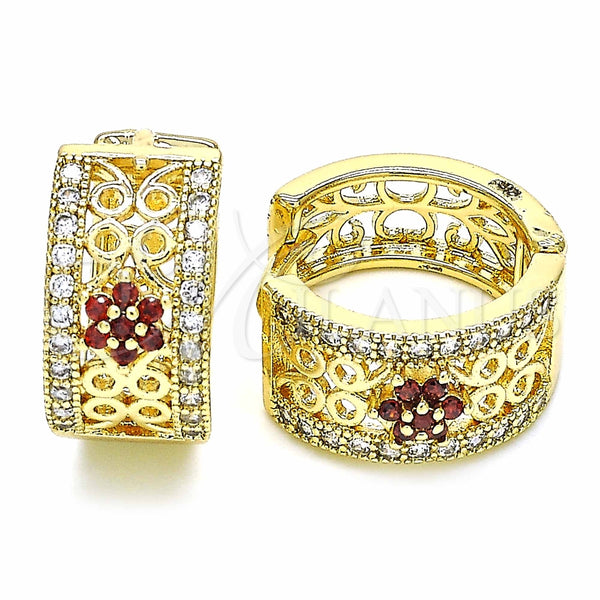 Argolla Huggie 02.266.0025.2.20 Oro Laminado, Diseño de Flor, con Granate and Blanca Micro Pave, Pulido, Tono Dorado