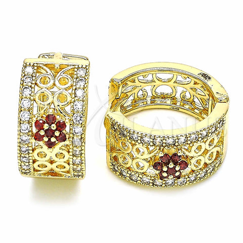 Argolla Huggie 02.266.0025.2.20 Oro Laminado, Diseño de Flor, con Granate and Blanca Micro Pave, Pulido, Tono Dorado