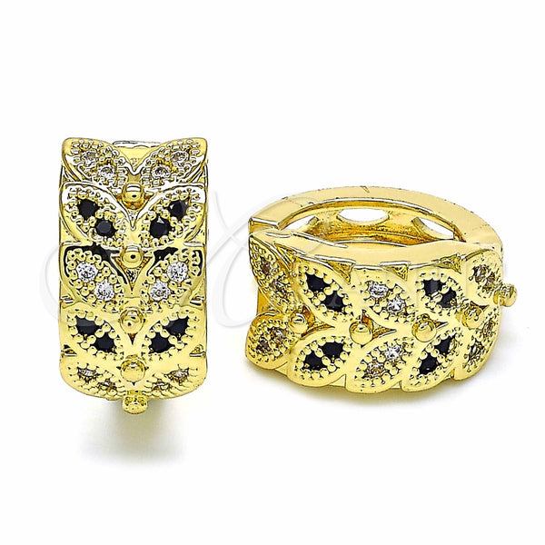 Argolla Huggie 02.266.0040.1.20 Oro Laminado, Diseño de Oja, con Negro and Blanca Micro Pave, Pulido, Tono Dorado