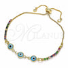 Pulsera Bolo Ajustable 03.63.2084.2.11 Oro Laminado, Diseño de Ojo Griego, con Multicolor Zirconia Cubica, Resinado Azul claro, Tono Dorado (01 MM Thickness, 11 Inches Length)
